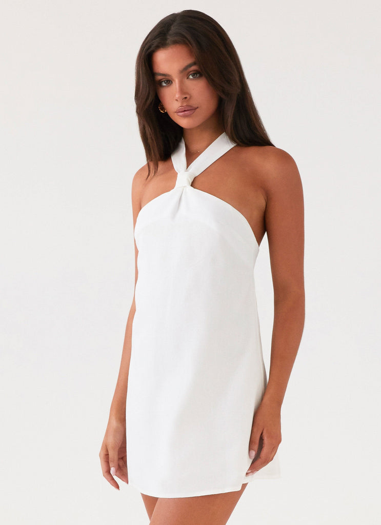 Womens Keira Linen Mini Dress in the colour White in front of a light grey background