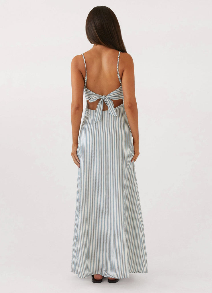 Womens Flora Linen Maxi Dress in the colour Blue Choc Stripe in front of a light grey background