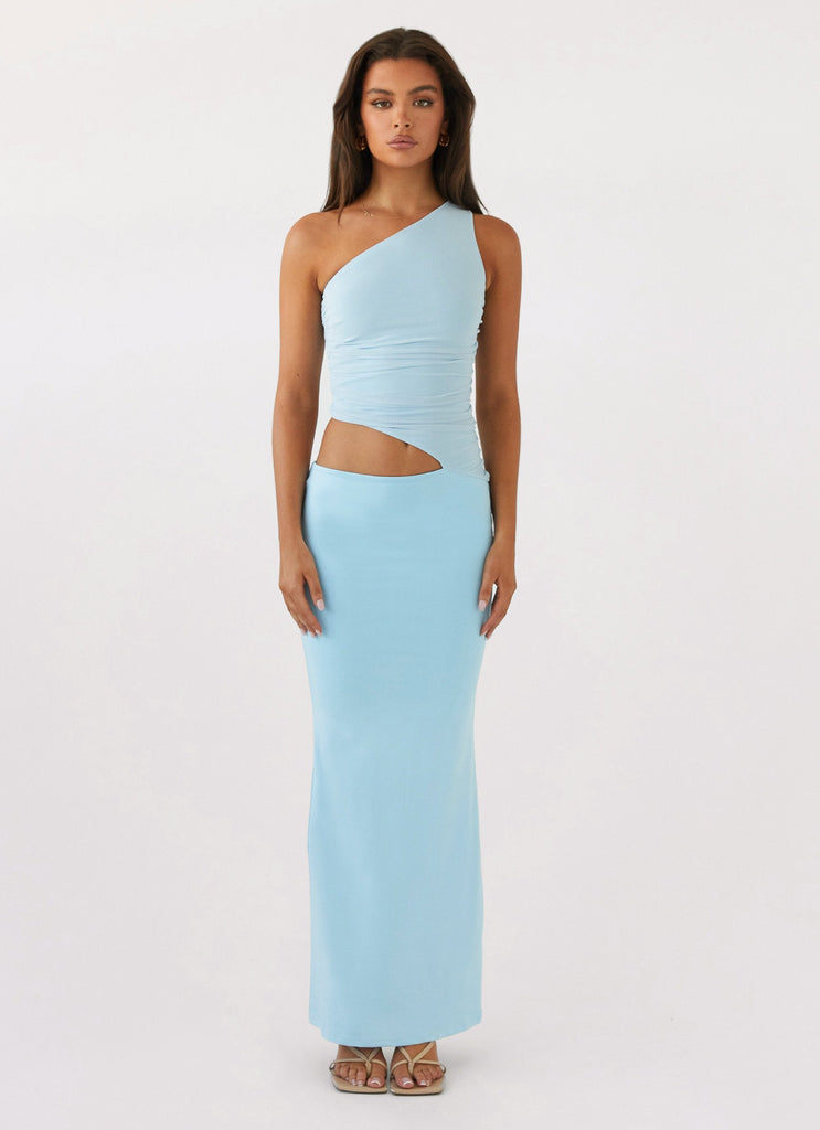 Womens Seranella One Shoulder Maxi Dress in the colour Sky Blue in front of a light grey background