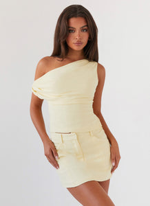 Womens Marissa Linen One Shoulder Top in the colour Yellow in front of a light grey background