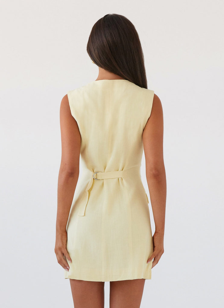 Womens Castello Fiore Linen Mini Dress in the colour Lemon in front of a light grey background