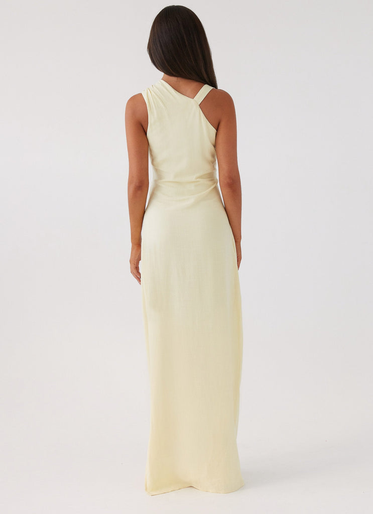 Womens Daffodil Charm Linen Maxi Dress in the colour Sunflower Yellow in front of a light grey background