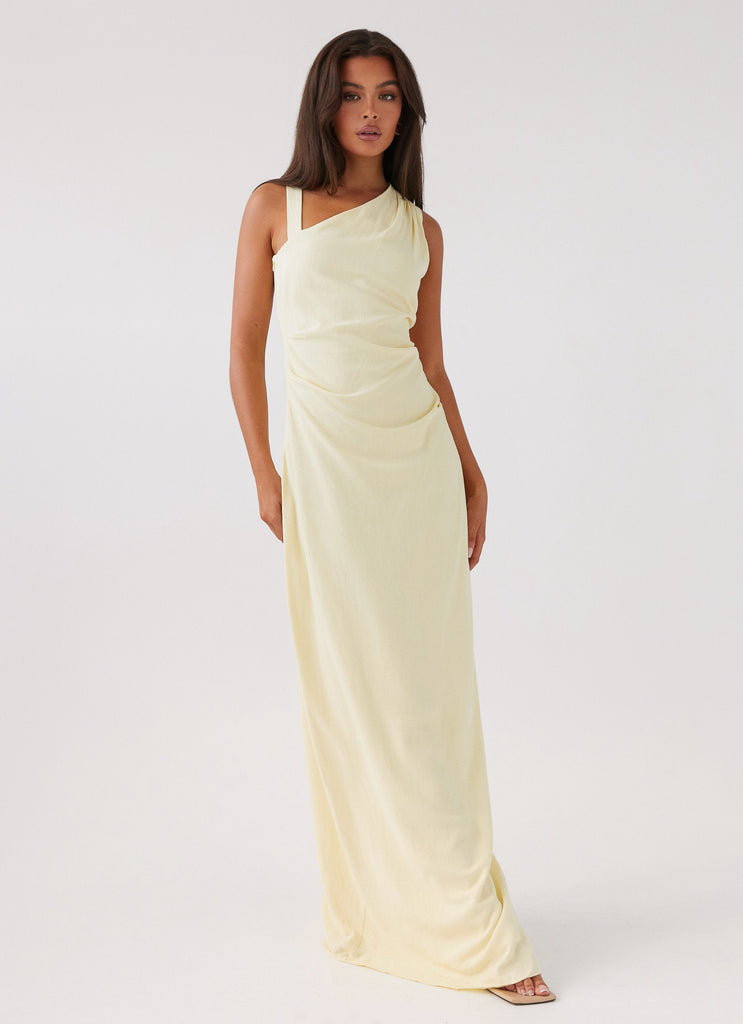 Womens Daffodil Charm Linen Maxi Dress in the colour Sunflower Yellow in front of a light grey background