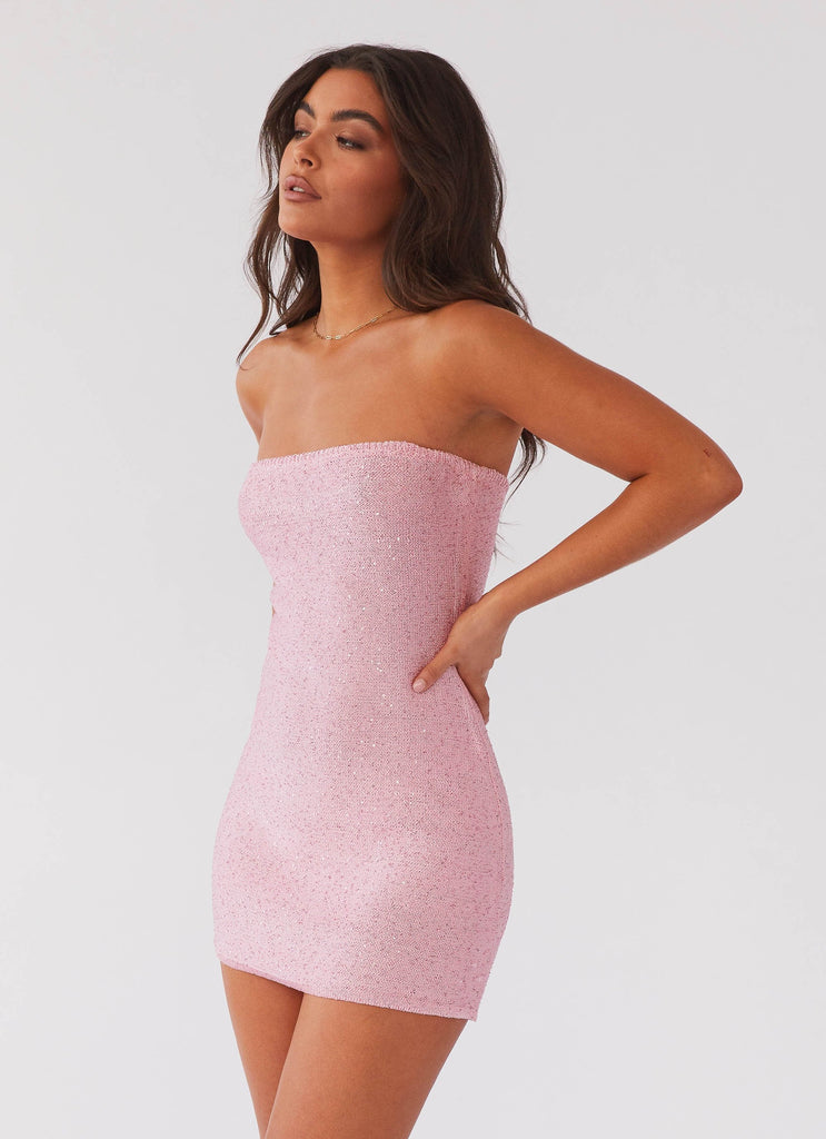 Womens Dance The Night Tube Knit Mini Dress in the colour Pink Dusk in front of a light grey background