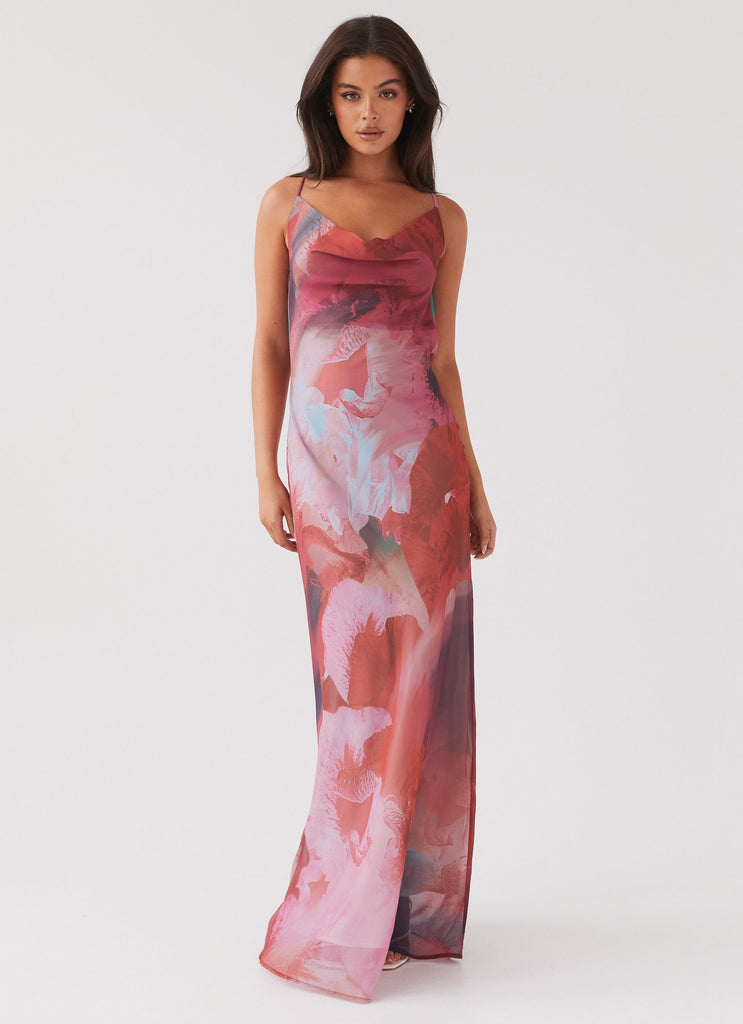 Womens Abigail Cowl Maxi Dress in the colour Scarlet Burst in front of a light grey background