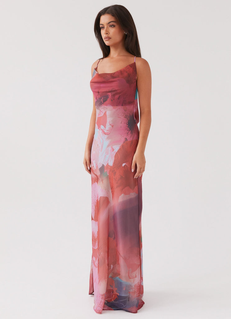 Womens Abigail Cowl Maxi Dress in the colour Scarlet Burst in front of a light grey background