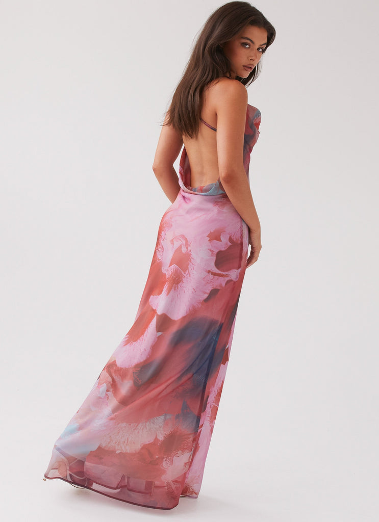 Womens Abigail Cowl Maxi Dress in the colour Scarlet Burst in front of a light grey background