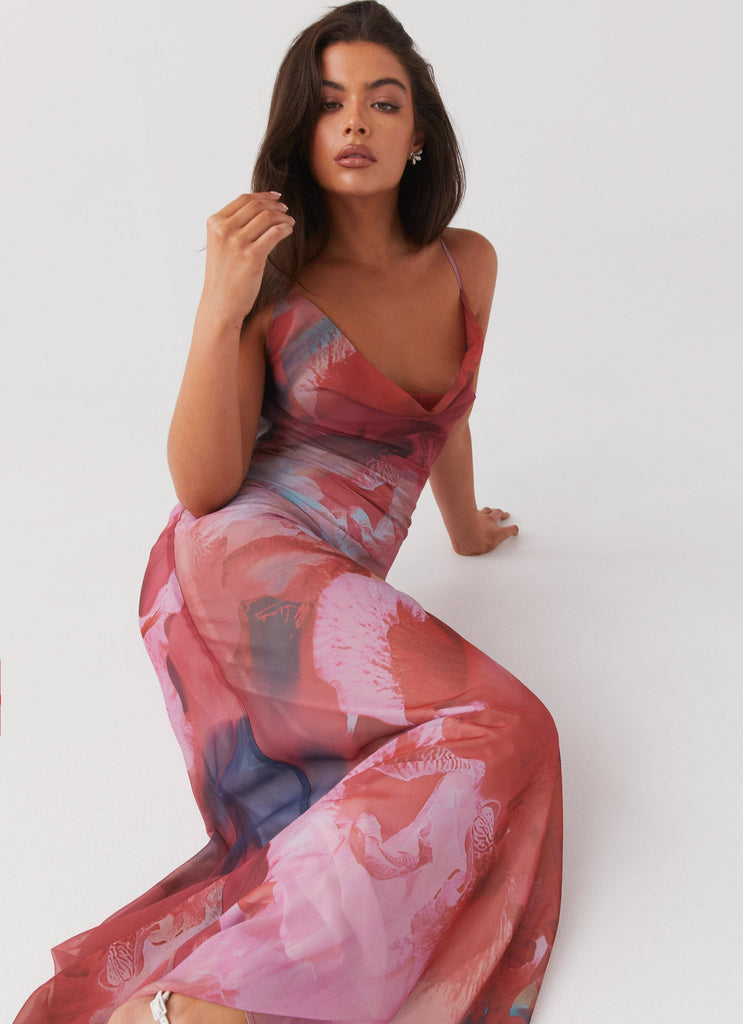 Womens Abigail Cowl Maxi Dress in the colour Scarlet Burst in front of a light grey background