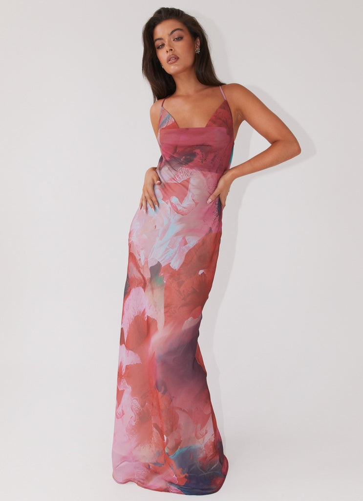 Womens Abigail Cowl Maxi Dress in the colour Scarlet Burst in front of a light grey background