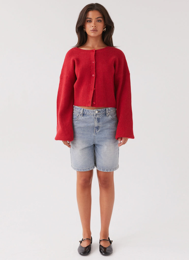 Womens Daphne Knit Cardigan in the colour Cherry in front of a light grey background