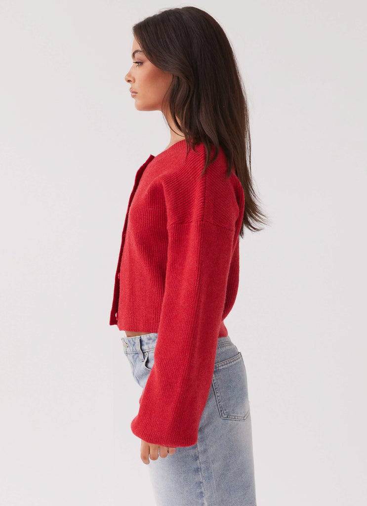 Womens Daphne Knit Cardigan in the colour Cherry in front of a light grey background