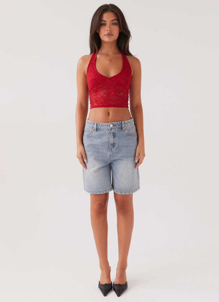 Womens Serifina Lace Halterneck Top in the colour Cherry in front of a light grey background