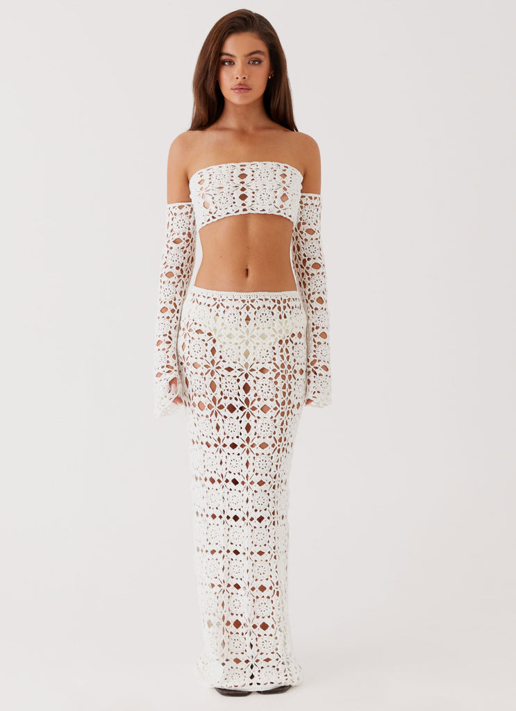 Womens Sorrentino Crochet Maxi Skirt in the colour White in front of a light grey background