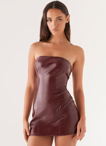 Womens Big Shot Strapless Mini Dress in the colour Merlot in front of a light grey background