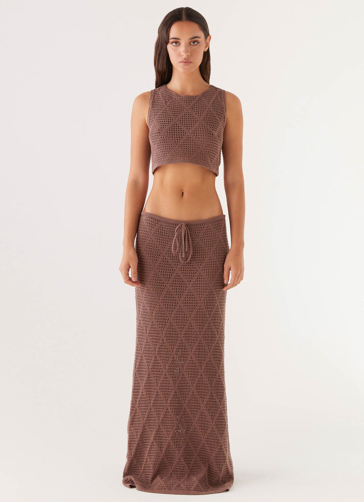 Womens Santonio Crochet Crop Top in the colour Chocolate in front of a light grey background