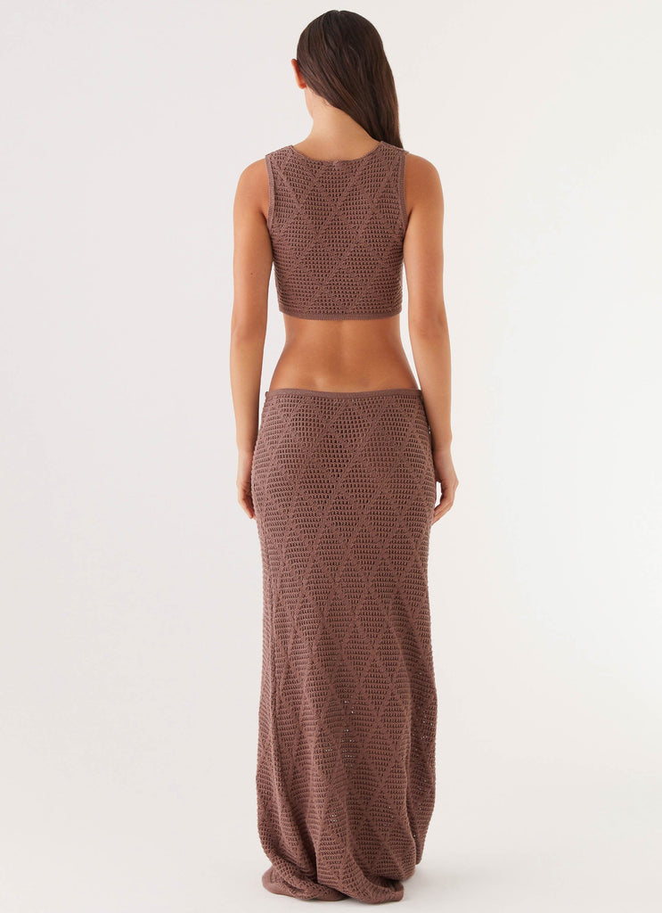 Womens Santonio Crochet Crop Top in the colour Chocolate in front of a light grey background