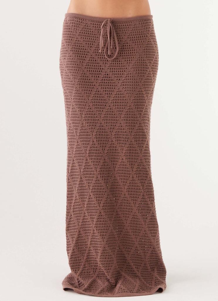 Womens Santonio Crochet Maxi Skirt in the colour Chocolate in front of a light grey background