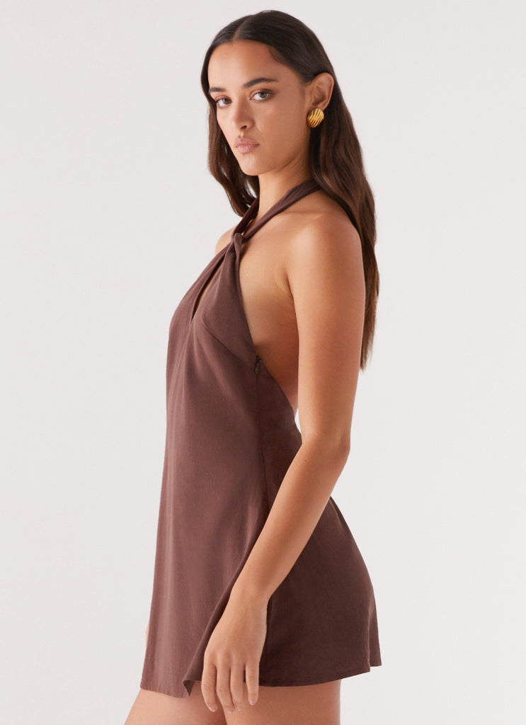 Womens Counting Stars Linen Halterneck Dress in the colour Chocolate in front of a light grey background