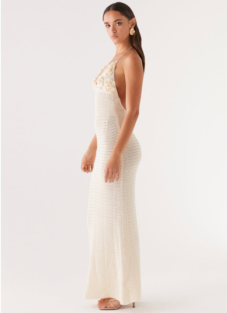 Womens Zara Rose Crochet Maxi Dress in the colour Ivory in front of a light grey background