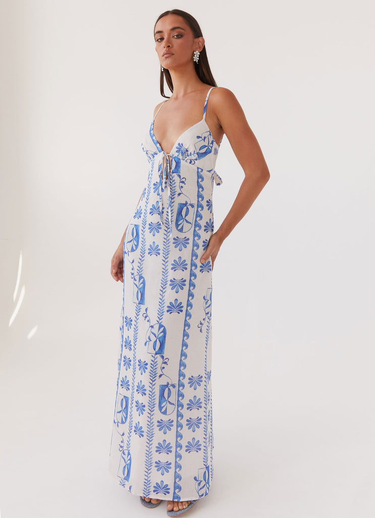 Womens Flora Linen Maxi Dress in the colour Floral Wave in front of a light grey background