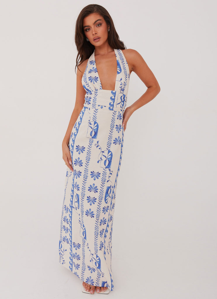 Womens Sky Linen Maxi Dress in the colour Floral Wave in front of a light grey background