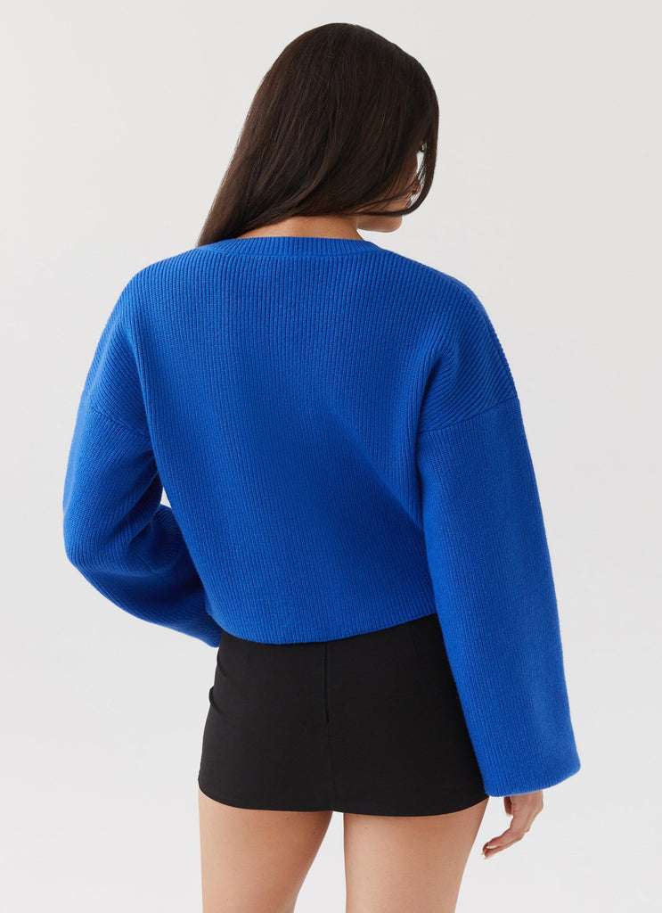 Womens Daphne Knit Cardigan in the colour Cobalt in front of a light grey background