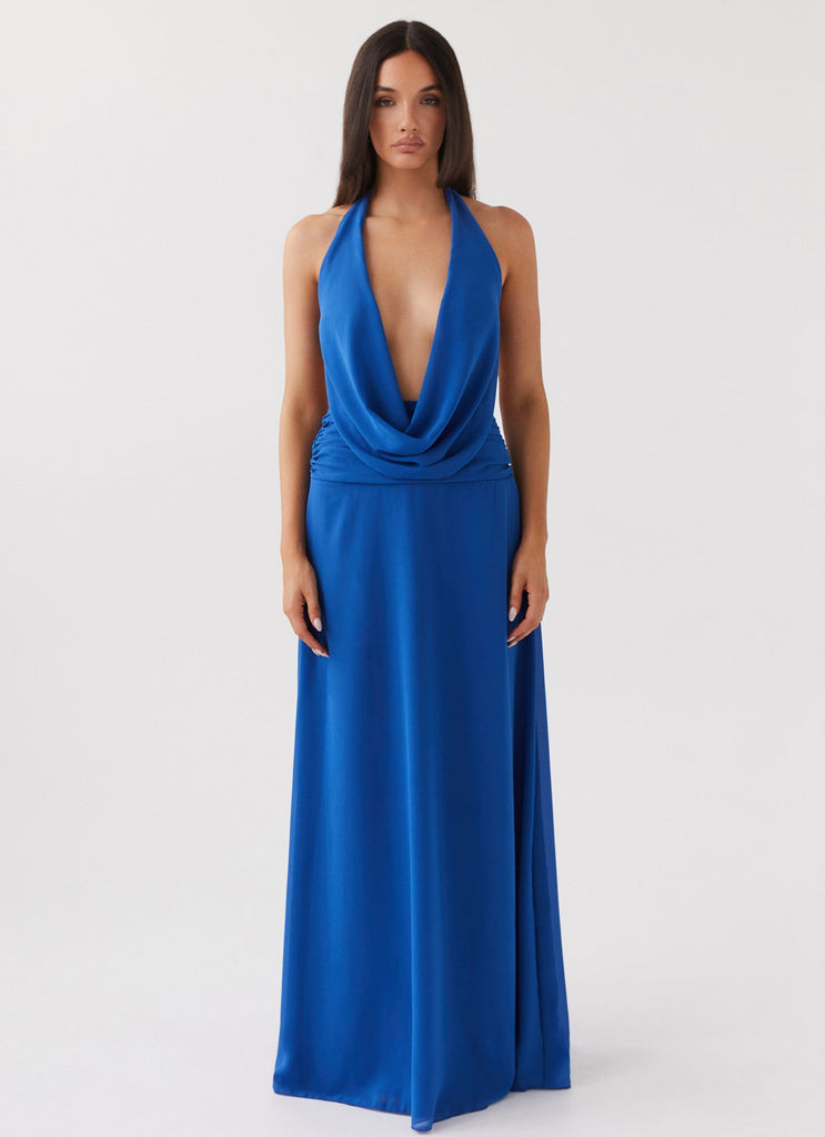 Womens Elysia Chiffon Maxi Dress in the colour Cobalt in front of a light grey background