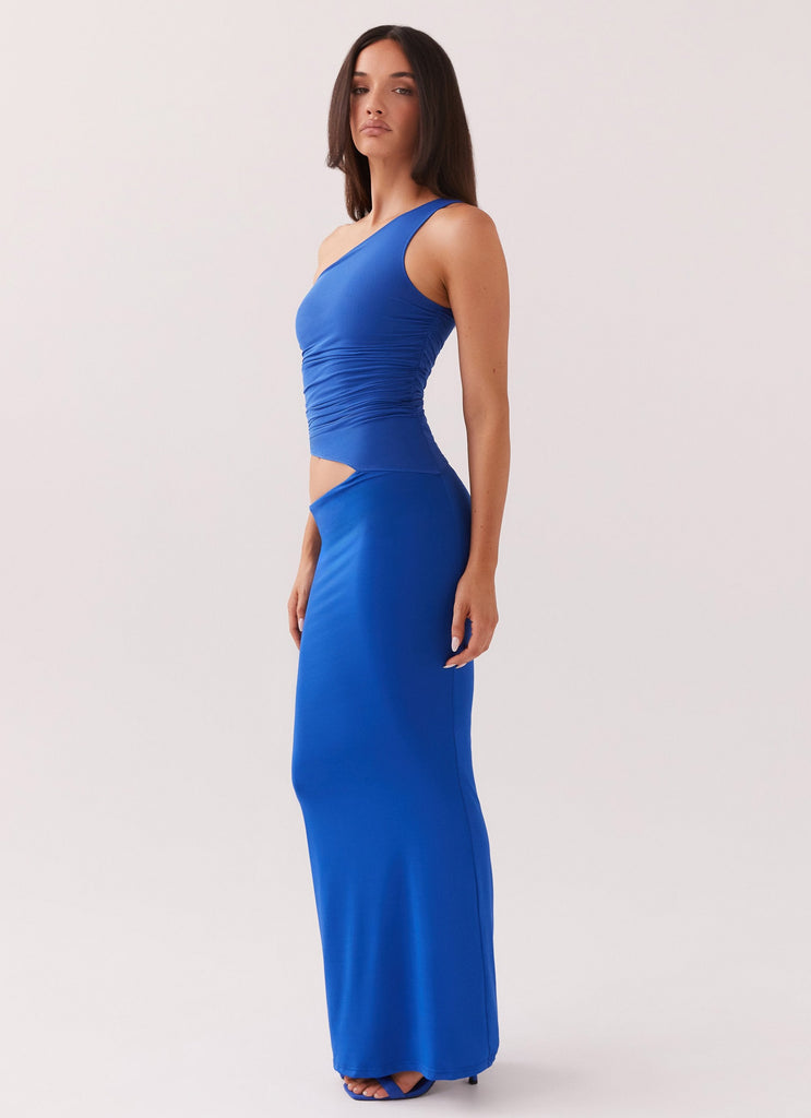 Womens Seranella One Shoulder Maxi Dress in the colour Cobalt in front of a light grey background