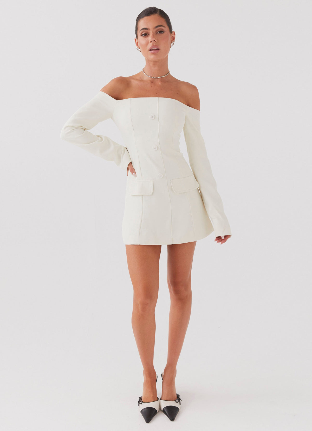 Womens Dominique Blazer Mini Dress in the colour Ivory in front of a light grey background