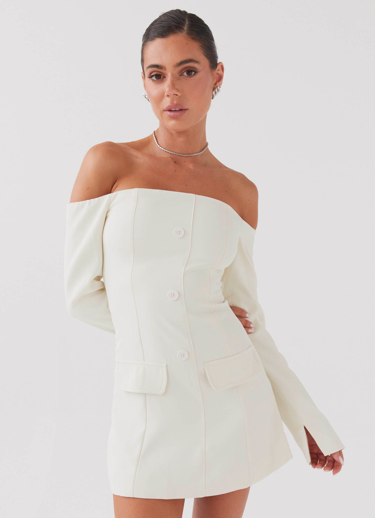 Womens Dominique Blazer Mini Dress in the colour Ivory in front of a light grey background