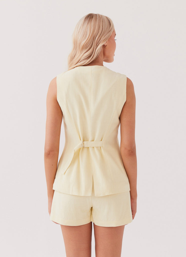 Womens Born For Bordeaux Linen Vest in the colour Lemon in front of a light grey background