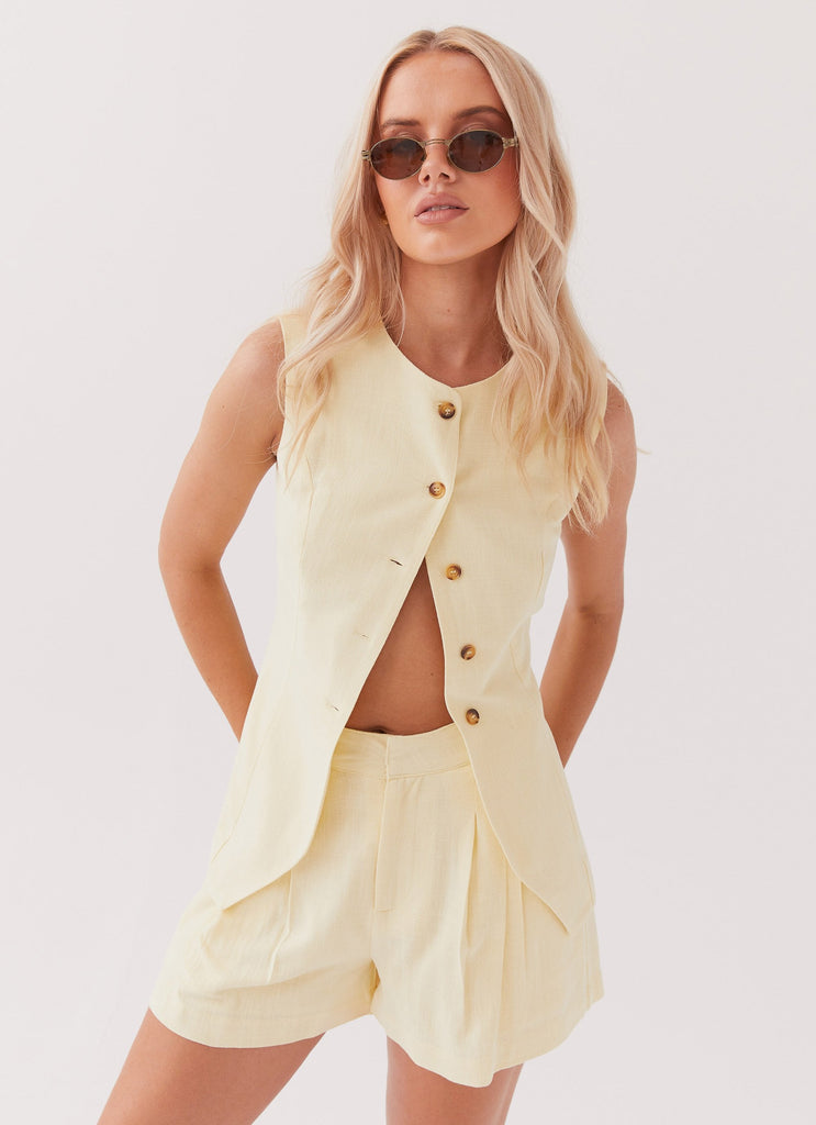 Womens Born For Bordeaux Linen Vest in the colour Lemon in front of a light grey background