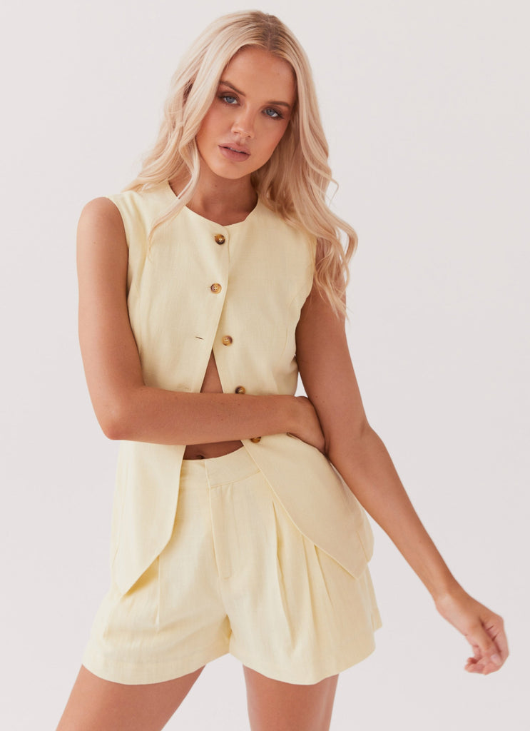 Womens Born For Bordeaux Linen Vest in the colour Lemon in front of a light grey background