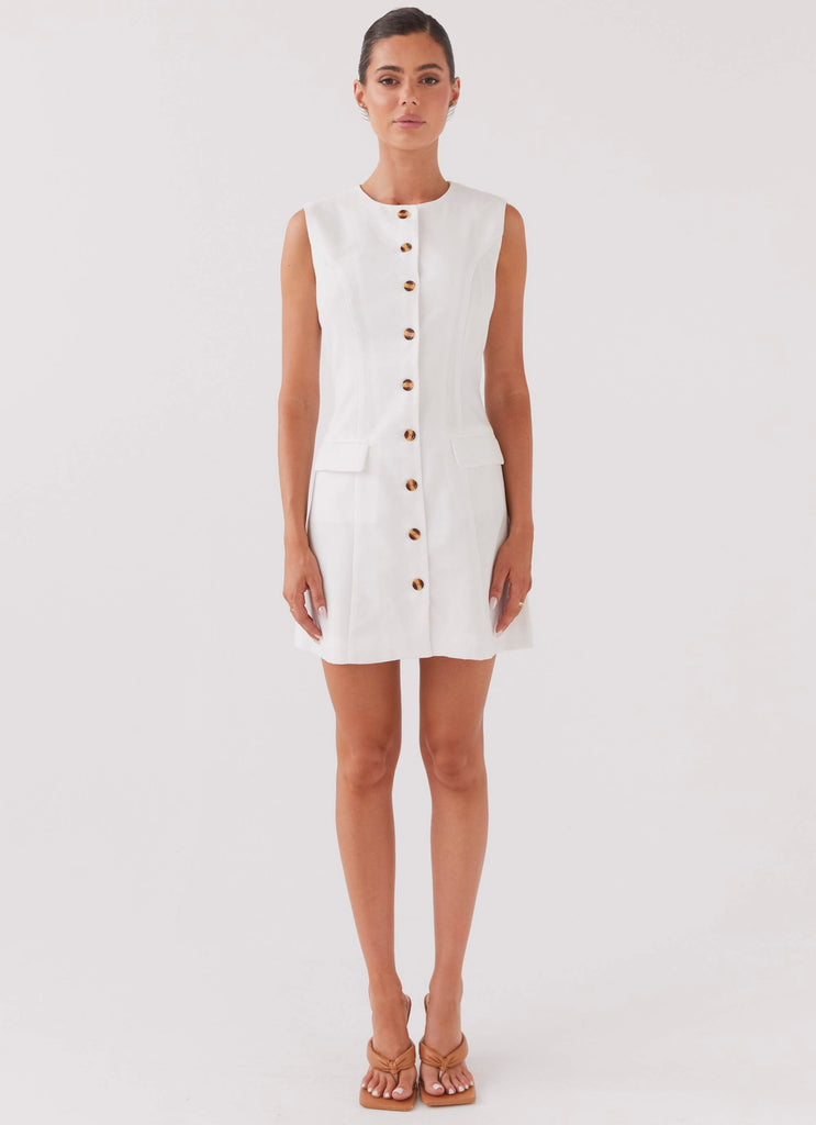 Womens Castello Fiore Linen Mini Dress in the colour White in front of a light grey background