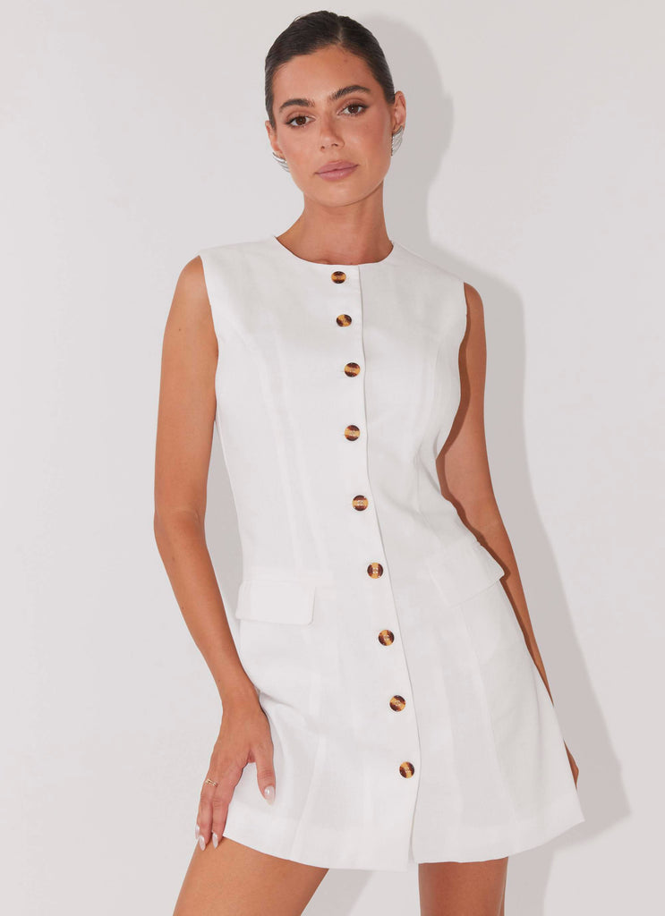 Womens Castello Fiore Linen Mini Dress in the colour White in front of a light grey background