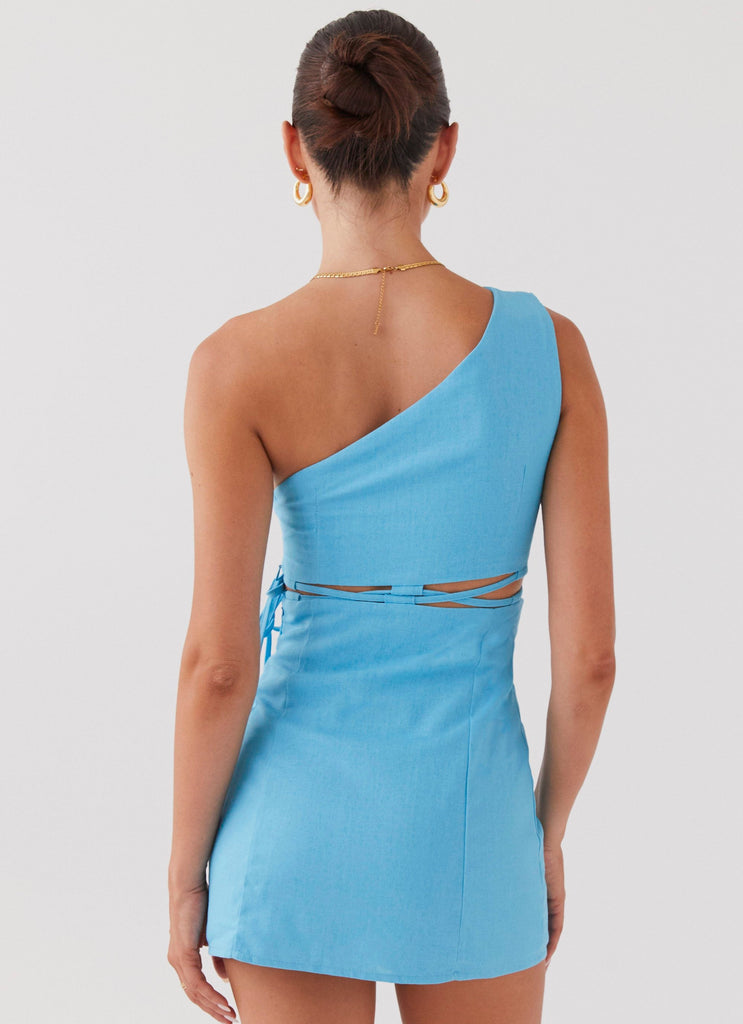 Womens Memini One Shoulder Linen Mini Dress in the colour Azure in front of a light grey background