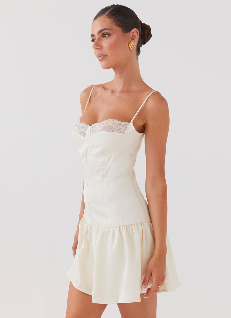 Womens Take A Chance Bustier Mini Dress in the colour Ivory in front of a light grey background