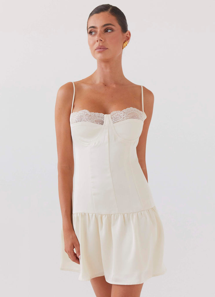 Womens Take A Chance Bustier Mini Dress in the colour Ivory in front of a light grey background