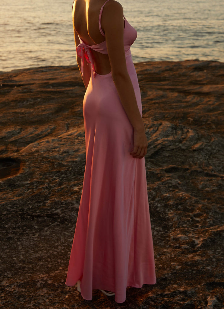 Womens Flora Satin Maxi Dress in the colour Candy in front of a light grey background