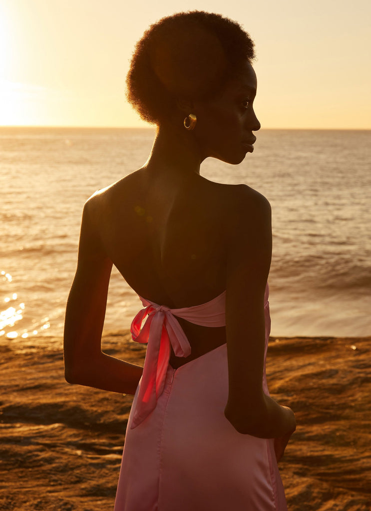 Womens Tropicana Satin Maxi Dress in the colour Candy in front of a light grey background