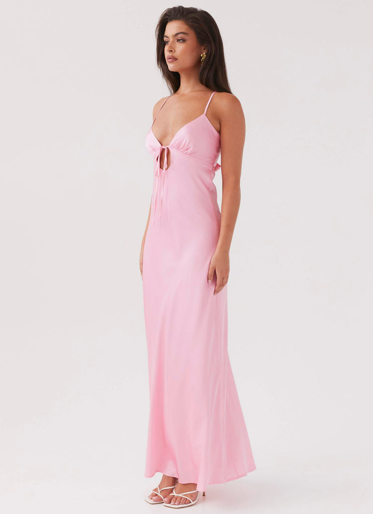 Womens Flora Satin Maxi Dress in the colour Candy in front of a light grey background