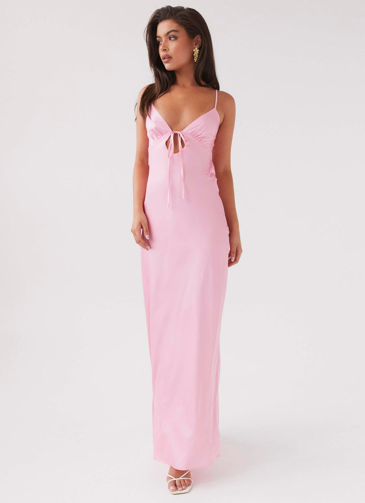 Womens Flora Satin Maxi Dress in the colour Candy in front of a light grey background