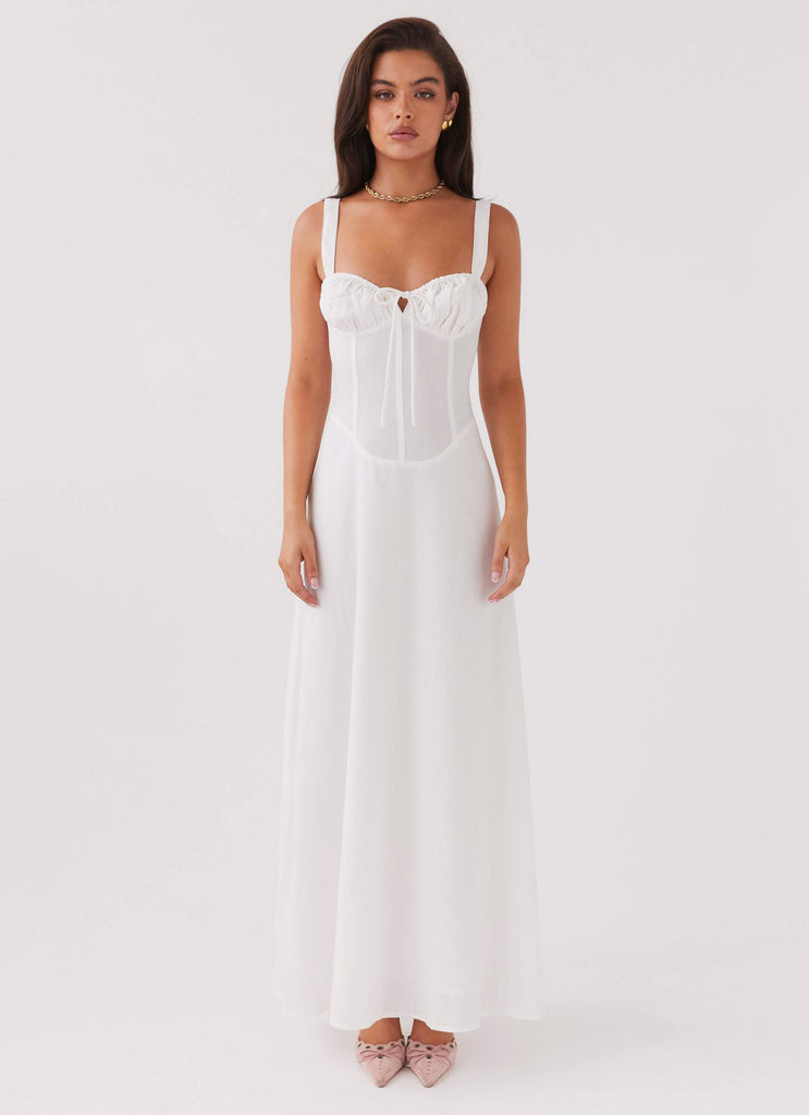 Womens Lucie Linen Maxi Dress in the colour White in front of a light grey background