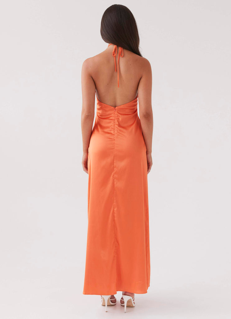 Womens Melody Day Halterneck Maxi Dress in the colour Tangerine in front of a light grey background