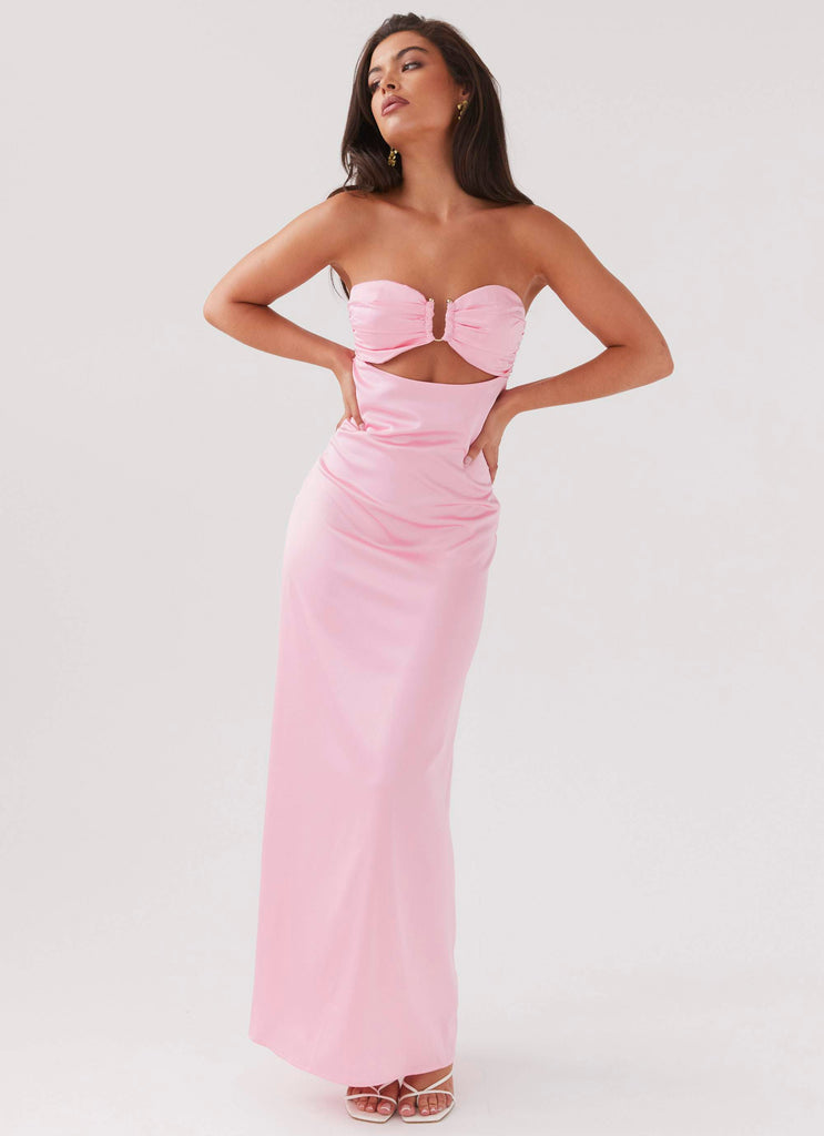 Womens Tropicana Satin Maxi Dress in the colour Candy in front of a light grey background