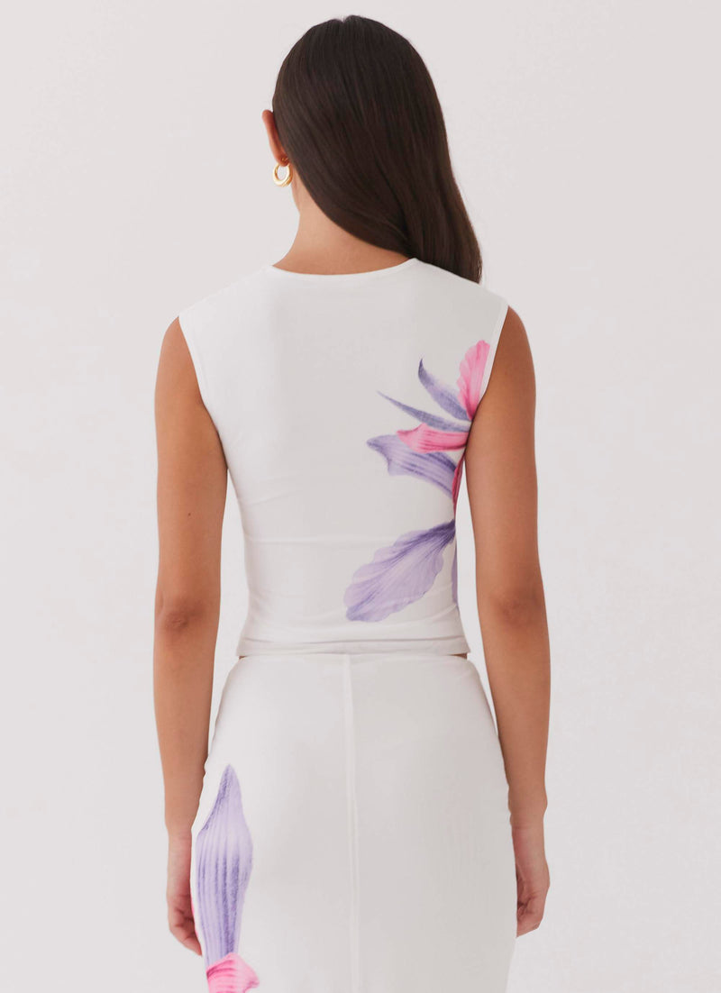 Womens Waiting For Dawn Mesh Top in the colour White in front of a light grey background