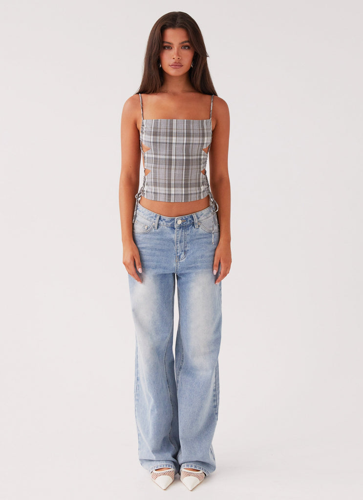 Womens Trista Tie Top in the colour Grey Tartan in front of a light grey background