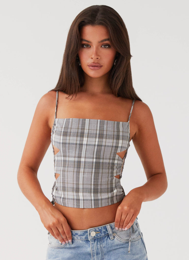 Womens Trista Tie Top in the colour Grey Tartan in front of a light grey background