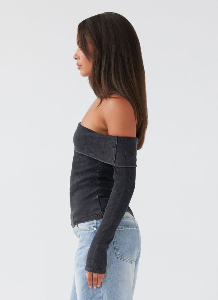 Womens Hayley Long Sleeve Ribbed Top in the colour Charcoal Acid Wash in front of a light grey background