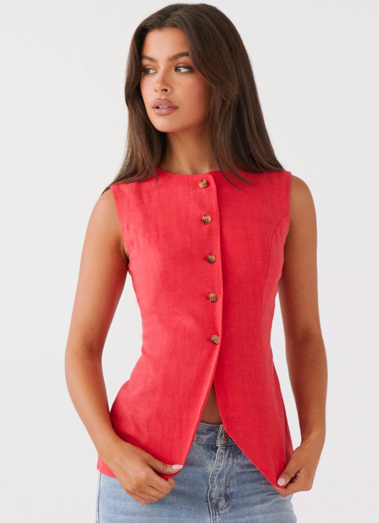 Womens Born For Bordeaux Linen Vest in the colour Poppy Red in front of a light grey background